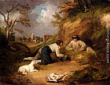 George Morland Two Men Hunting Rabbits With Their Dog, A Village Beyond painting